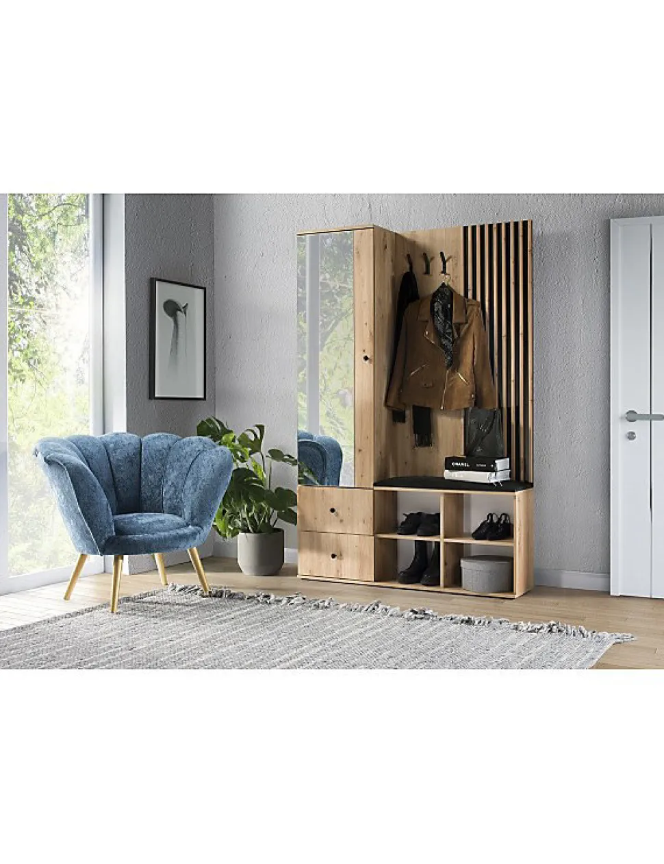 Meuble d'entrée MODERNO coloris chêne artisan 128,5x30 H.195,5 cm