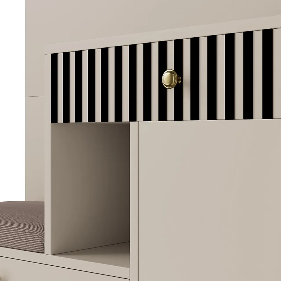 Meuble D'entrée Multifonction 110 Cm - Miroir, Coussin, Rangement Intégré - Beige