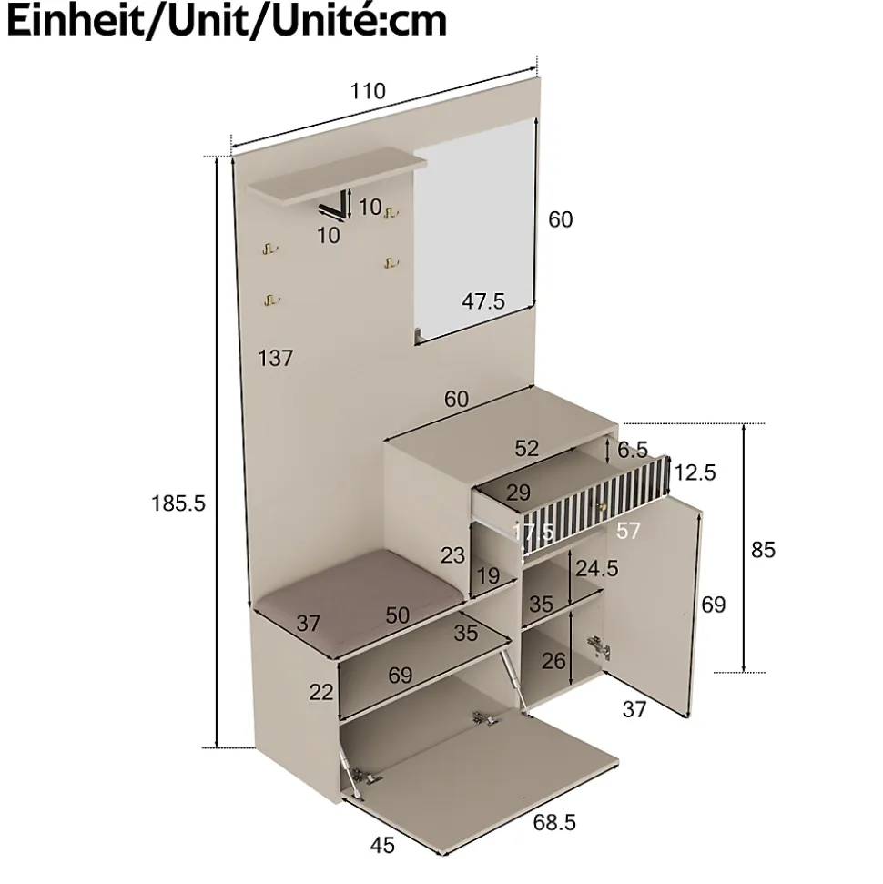 Meuble D'entrée Multifonction 110 Cm - Miroir, Coussin, Rangement Intégré - Beige