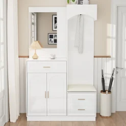 Meuble D'entrée Multifonction - Miroir, Rangement Intégré - Moderne Et Pratique,blanc