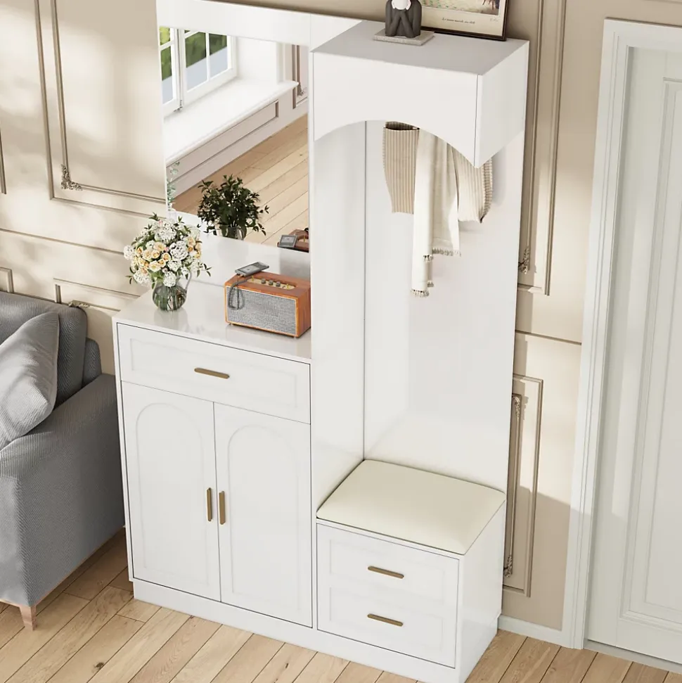 Meuble D'entrée Multifonction - Miroir, Rangement Intégré - Moderne Et Pratique,blanc