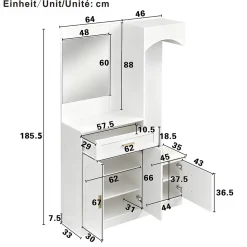 Meuble D'entrée Multifonction - Miroir, Rangement Intégré - Moderne Et Pratique,blanc