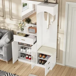 Meuble D'entrée Multifonction - Miroir, Rangement Intégré - Moderne Et Pratique,blanc