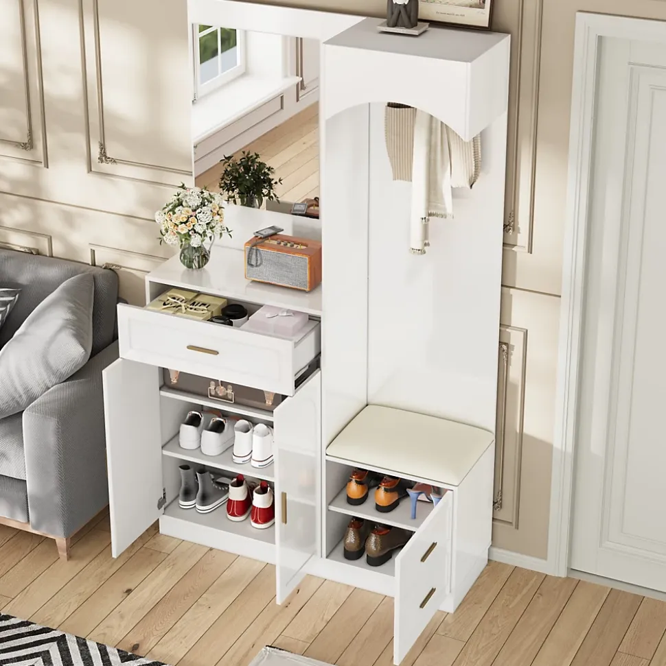 Meuble D'entrée Multifonction - Miroir, Rangement Intégré - Moderne Et Pratique,blanc