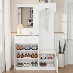 Meuble D'entrée Multifonction - Miroir, Rangement Intégré - Moderne Et Pratique,blanc