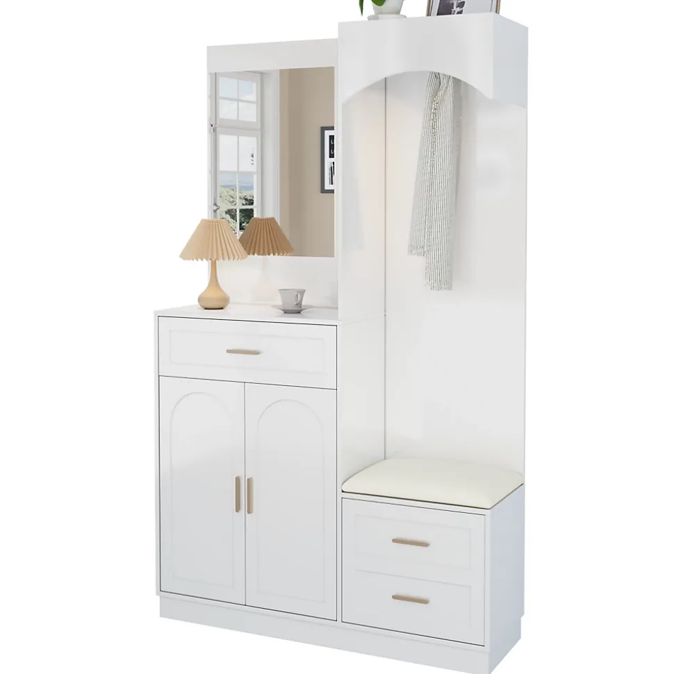 Meuble D'entrée Multifonction - Miroir, Rangement Intégré - Moderne Et Pratique,blanc