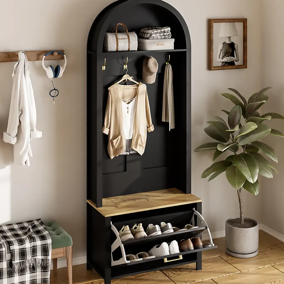 Meuble D'entrée Multifonction,Rangement Chaussures, Manteaux - Mdf Et Pieds Métal,noir