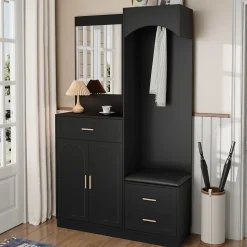 Meuble D'entrée Multifonction - Miroir, Rangement Intégré - Moderne Et Pratique,noir