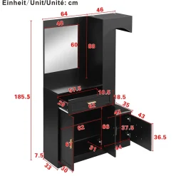 Meuble D'entrée Multifonction - Miroir, Rangement Intégré - Moderne Et Pratique,noir
