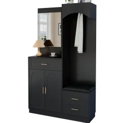 Meuble D'entrée Multifonction - Miroir, Rangement Intégré - Moderne Et Pratique,noir