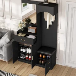 Meuble D'entrée Multifonction - Miroir, Rangement Intégré - Moderne Et Pratique,noir