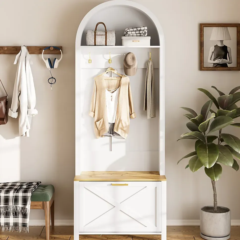 Meuble D'entrée Multifonction , Rangement Chaussures, Manteaux , Mdf Et Pieds Métal,blanc