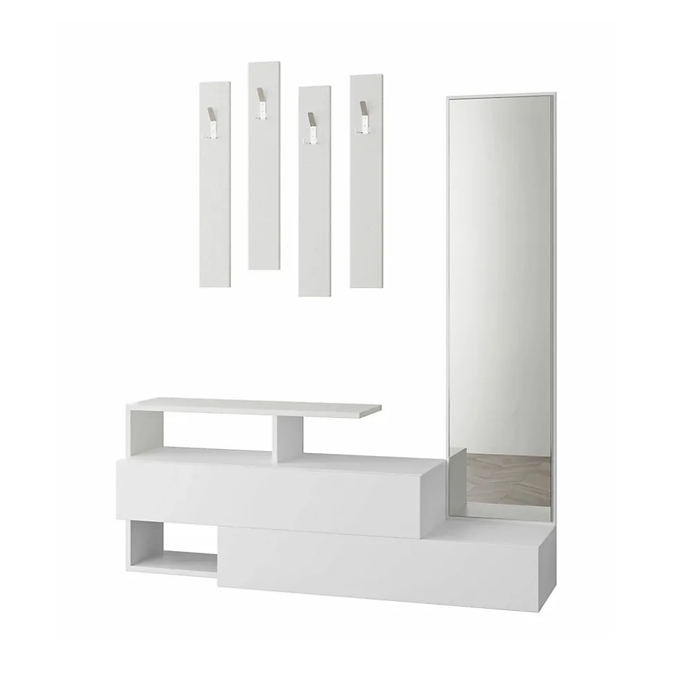 Meuble d'entrée Ofel, Crochet d'entrée, Composition pour l'atrium, Console de rangement multifonction, 137x35 h55 cm, Blanc