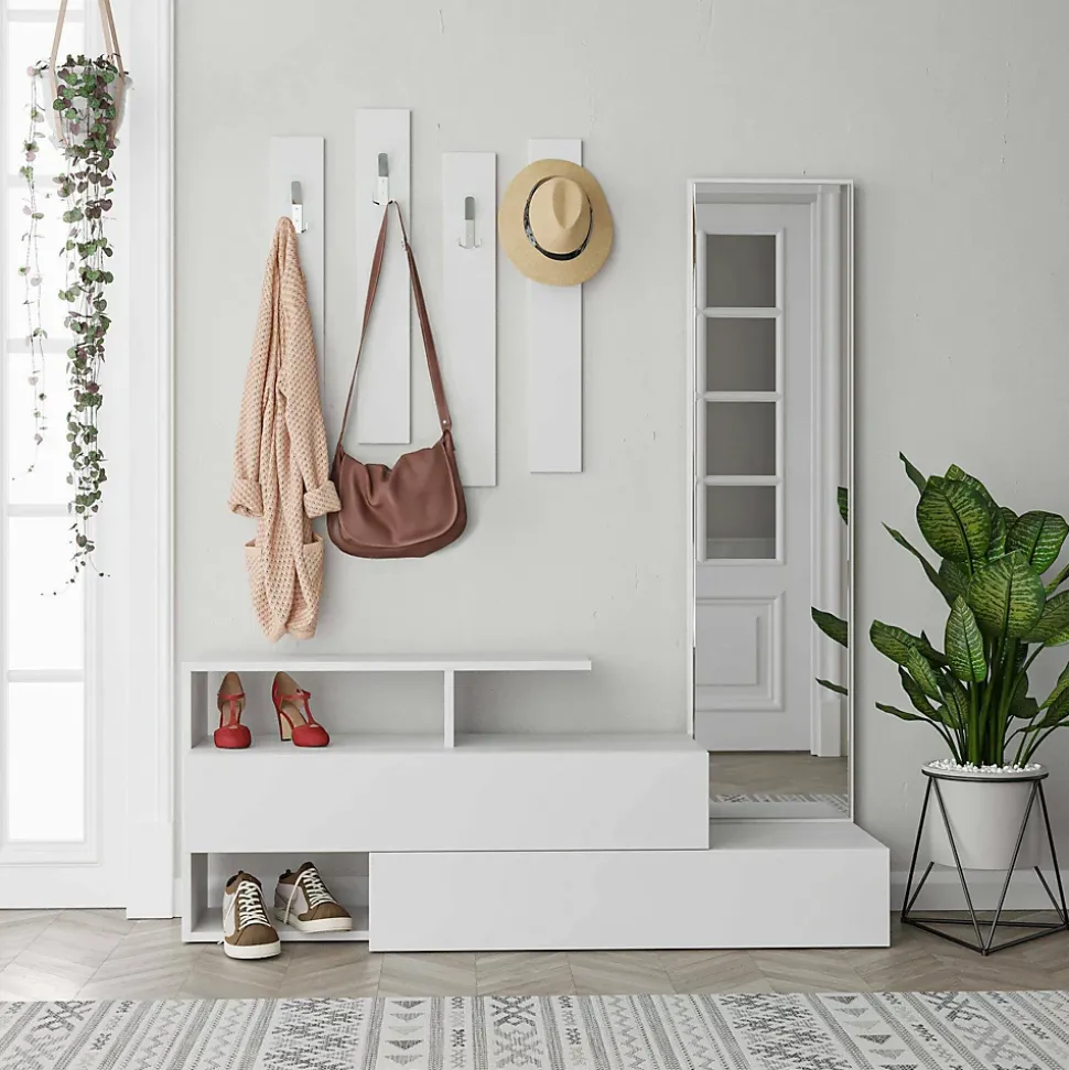 Meuble d'entrée Ofel, Crochet d'entrée, Composition pour l'atrium, Console de rangement multifonction, 137x35 h55 cm, Blanc