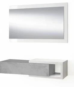 Meuble d'Entrée réversible avec Miroir et 1 Tiroir coloris blanc artic / ciment - 19 x 95 x 26 cm