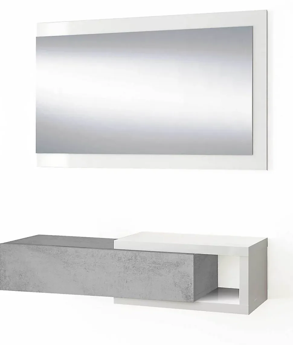 Meuble d'Entrée réversible avec Miroir et 1 Tiroir coloris blanc artic / ciment - 19 x 95 x 26 cm