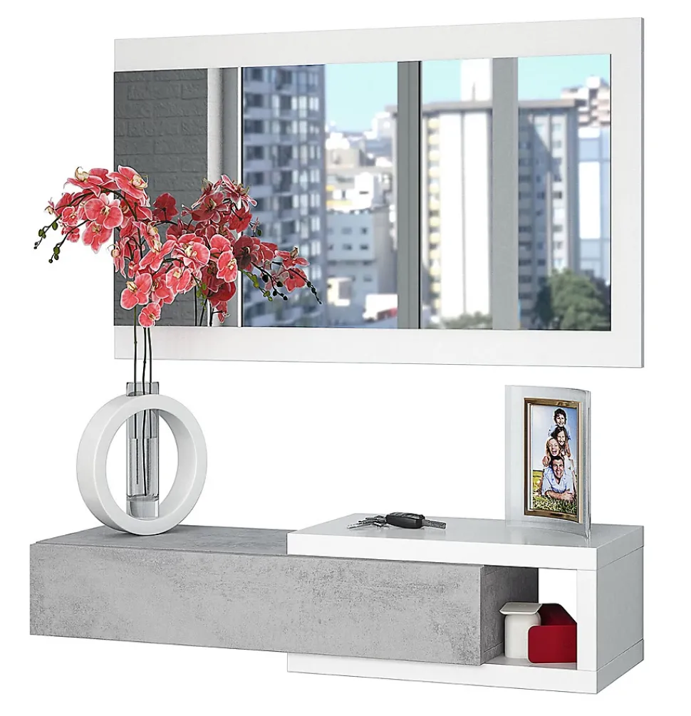 Meuble d'Entrée réversible avec Miroir et 1 Tiroir coloris blanc artic / ciment - 19 x 95 x 26 cm