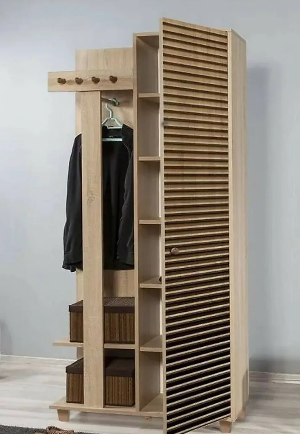 Meuble d'entrée Savina, Crochet d'entrée, Composition pour l'atrium, Console de rangement multifonction, 90x36h194 cm, Chêne