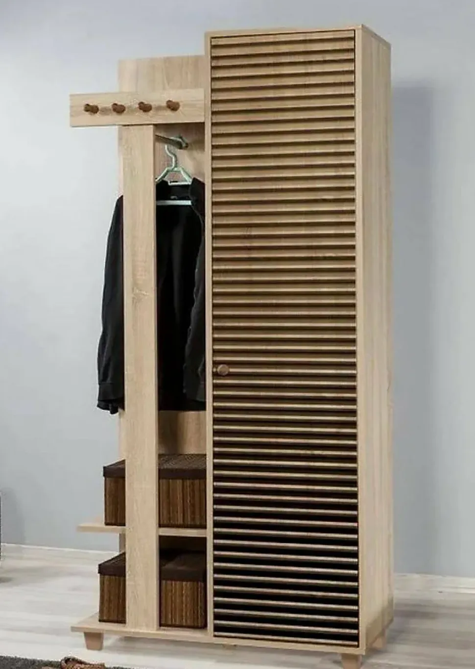 Meuble d'entrée Savina, Crochet d'entrée, Composition pour l'atrium, Console de rangement multifonction, 90x36h194 cm, Chêne
