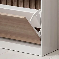 Meuble d'entrée slim blanc brillant & chêne sonoma - LED bleu - 2 abattants + 1 tiroir - 89x24x105 cm