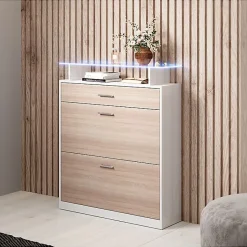 Meuble d'entrée slim blanc brillant & chêne sonoma - LED bleu - 2 abattants + 1 tiroir - 89x24x105 cm