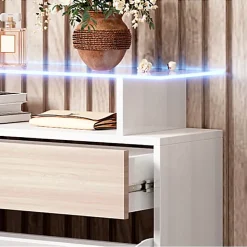 Meuble d'entrée slim blanc brillant & chêne sonoma - LED bleu - 2 abattants + 1 tiroir - 89x24x105 cm