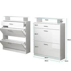 Meuble d'entrée slim blanc brillant & chêne sonoma - LED bleu - 2 abattants + 1 tiroir - 89x24x105 cm