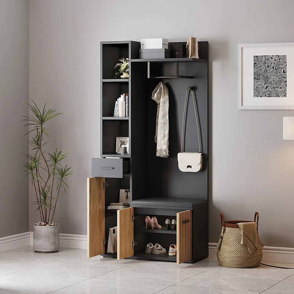 Meuble d'entrée 119,5x40x180 cm - Vestiaire avec 5 Portes, 4 Tiroirs et LED Multicolore - MDF et Acrylique - Noir