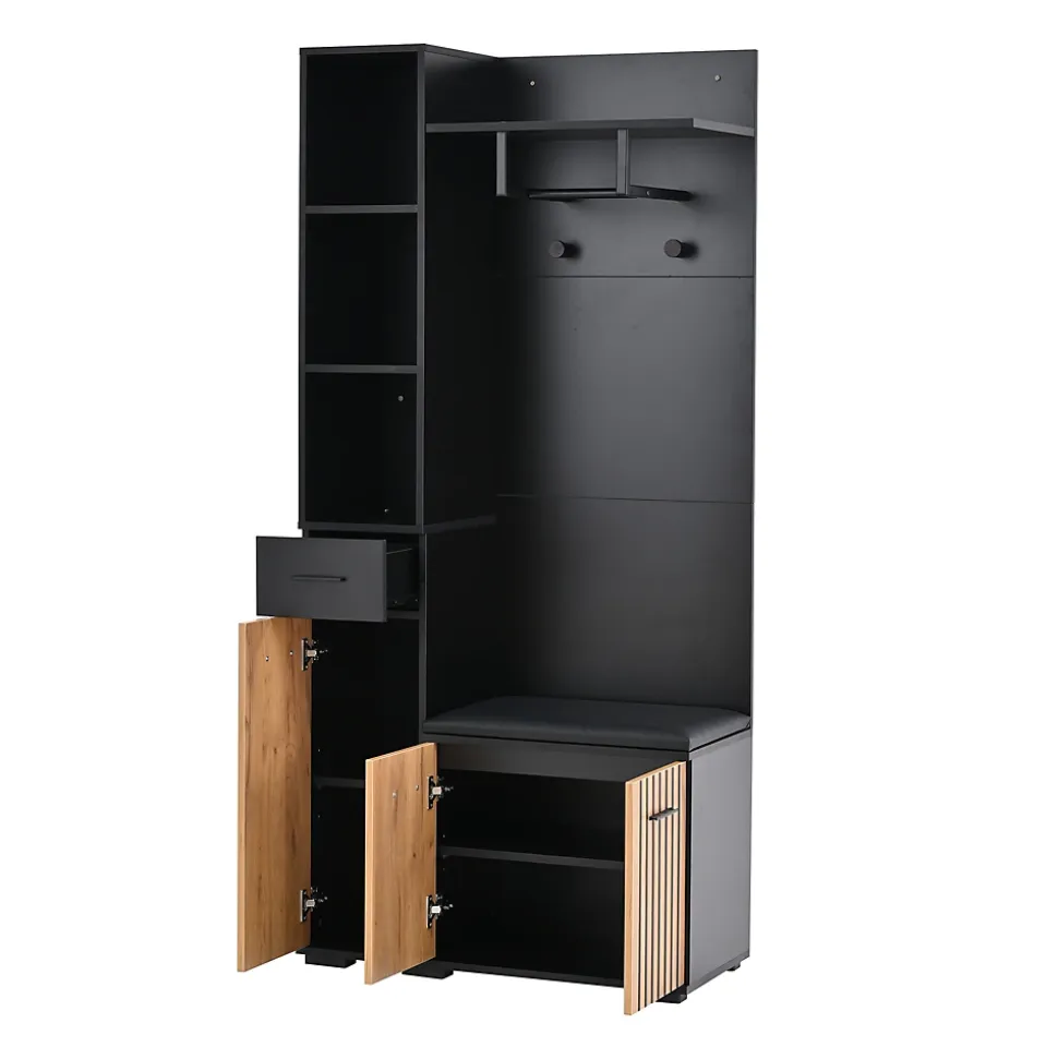 Meuble d'entrée 119,5x40x180 cm - Vestiaire avec 5 Portes, 4 Tiroirs et LED Multicolore - MDF et Acrylique - Noir