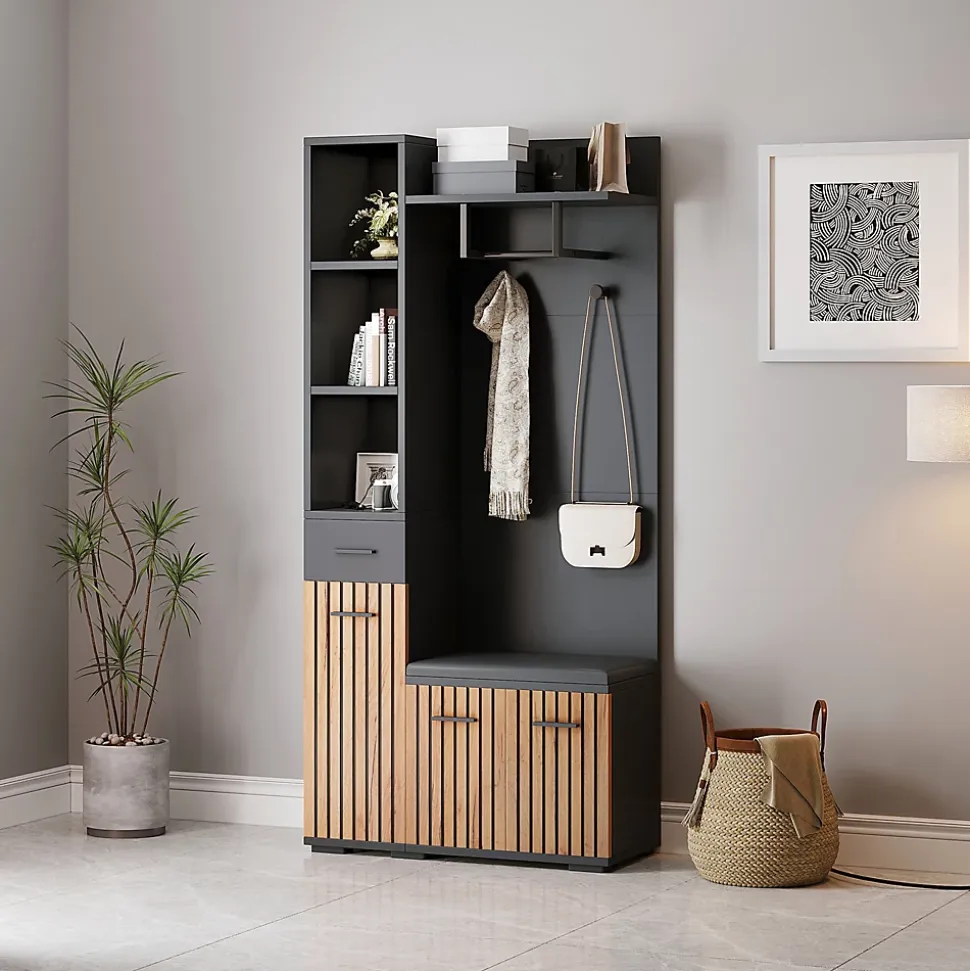 Meuble d'entrée 119,5x40x180 cm - Vestiaire avec 5 Portes, 4 Tiroirs et LED Multicolore - MDF et Acrylique - Noir