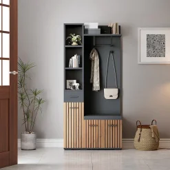 Meuble d'entrée 119,5x40x180 cm - Vestiaire avec 5 Portes, 4 Tiroirs et LED Multicolore - MDF et Acrylique - Noir