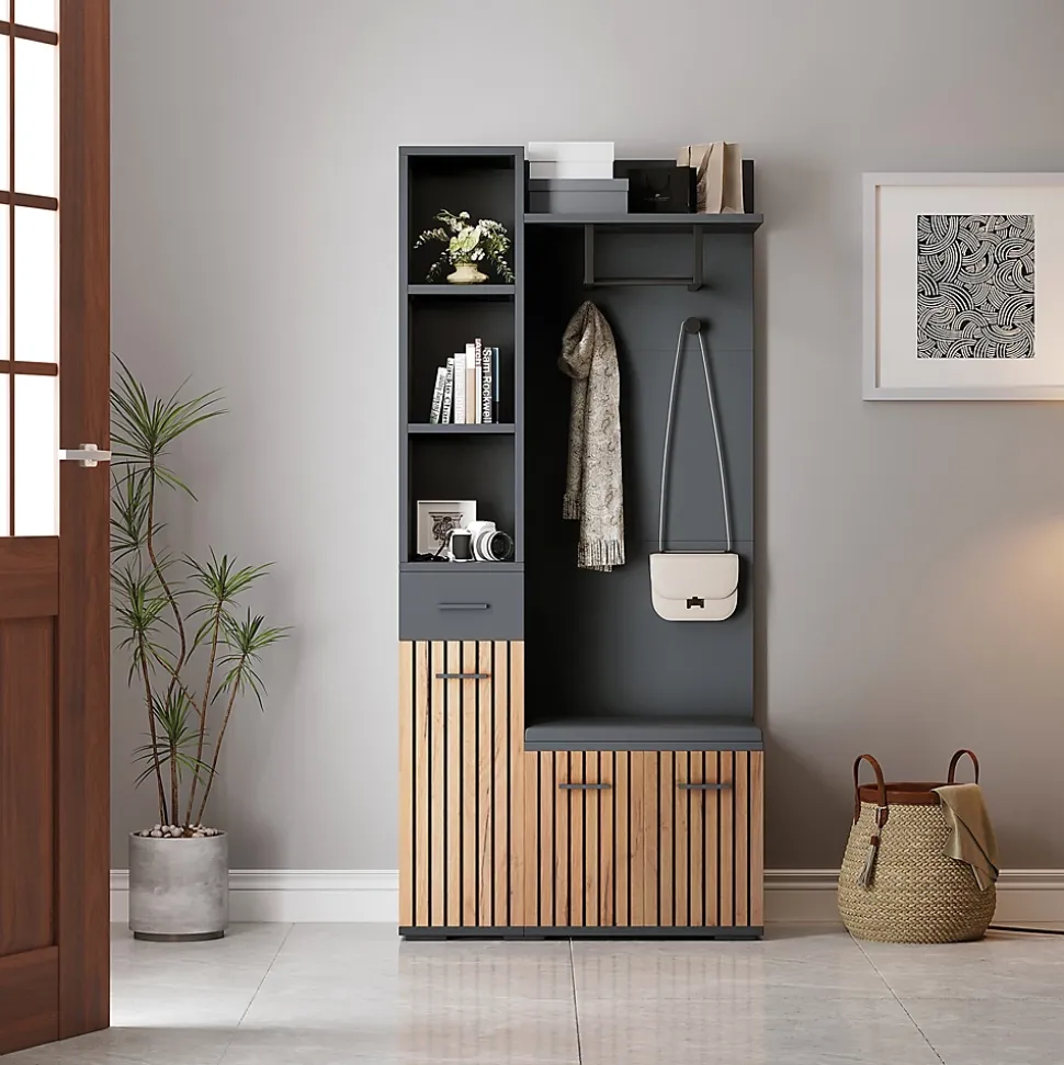 Meuble d'entrée 119,5x40x180 cm - Vestiaire avec 5 Portes, 4 Tiroirs et LED Multicolore - MDF et Acrylique - Noir
