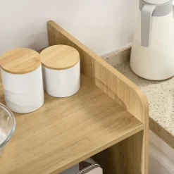 Meuble desserte de cuisine micro-onde style scandinave - porte, 2 étagères, tiroir, niche - blanc aspect chêne clair