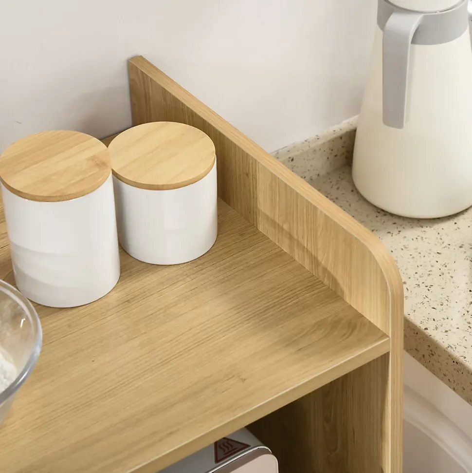 Meuble desserte de cuisine micro-onde style scandinave - porte, 2 étagères, tiroir, niche - blanc aspect chêne clair