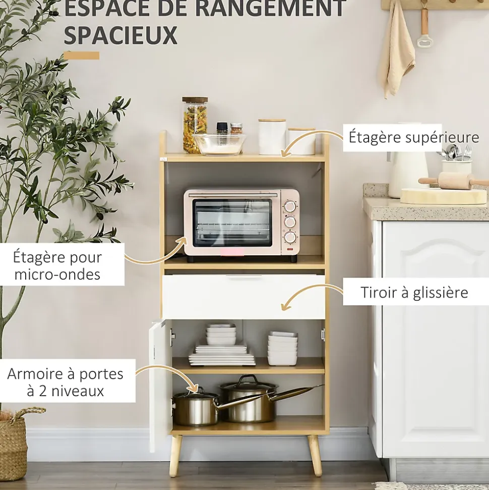 Meuble desserte de cuisine micro-onde style scandinave - porte, 2 étagères, tiroir, niche - blanc aspect chêne clair