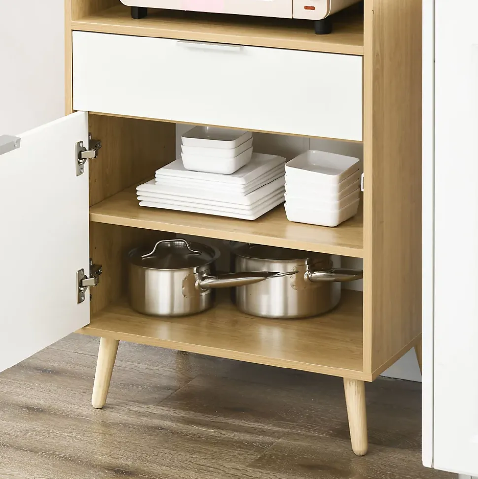 Meuble desserte de cuisine micro-onde style scandinave - porte, 2 étagères, tiroir, niche - blanc aspect chêne clair