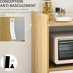 Meuble desserte de cuisine micro-onde style scandinave - porte, 2 étagères, tiroir, niche - blanc aspect chêne clair
