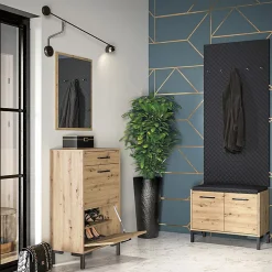 Meuble entree porte-manteau et banc à chaussures 2 portes Liora Bois et Noir