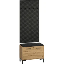 Meuble entree porte-manteau et banc à chaussures 2 portes Liora Bois et Noir