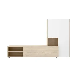 Meuble Mural Abrino, Composition du salon, Meubles de salon polyvalents, Meuble télé, 227x40 h141 cm, Blanc et Chêne clair