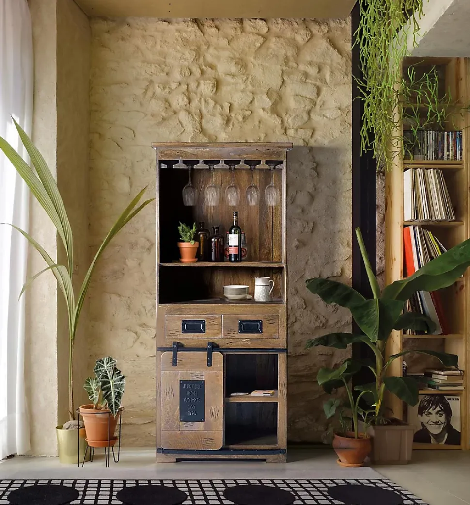 Meuble porte-bouteilles en bois de manguier et metal
