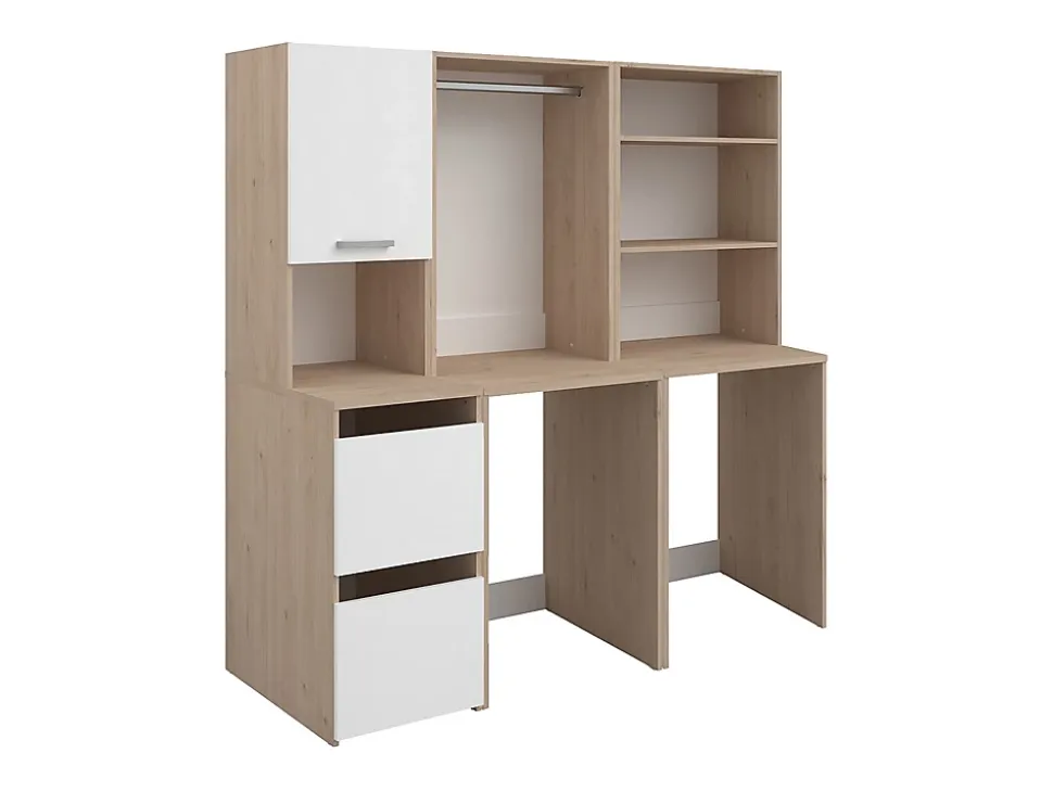 Meuble pour 2 machines à laver avec étagères, penderie et placards - Naturel clair et blanc - L176 x H184 x P66 cm - ERKANO