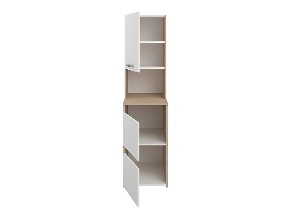 Meuble pour machine à laver avec étagères et placards - Naturel clair et blanc - L111 x H184 cm - ERKANO