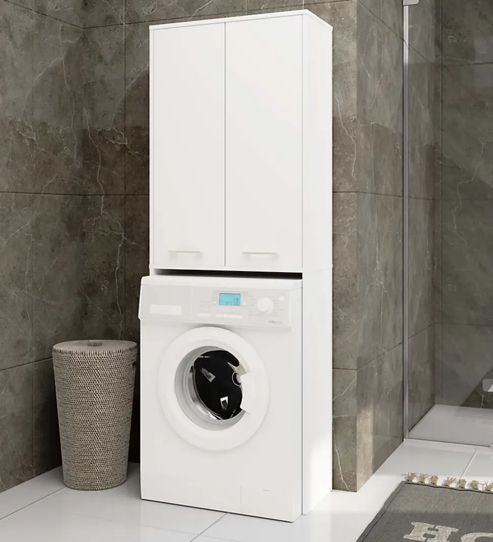 Meuble pour machine à laver AKORD FIN Blanche 64 cm 2 portes façade Blanche 4 étagères 64x30x180 cm