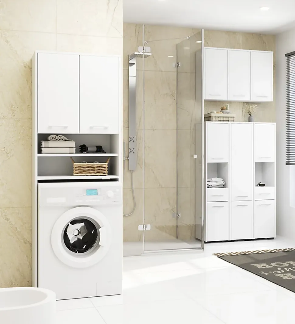 Meuble pour machine à laver AKORD FIN Blanche 64 cm 2 portes façade Blanche 4 étagères 64x30x180 cm