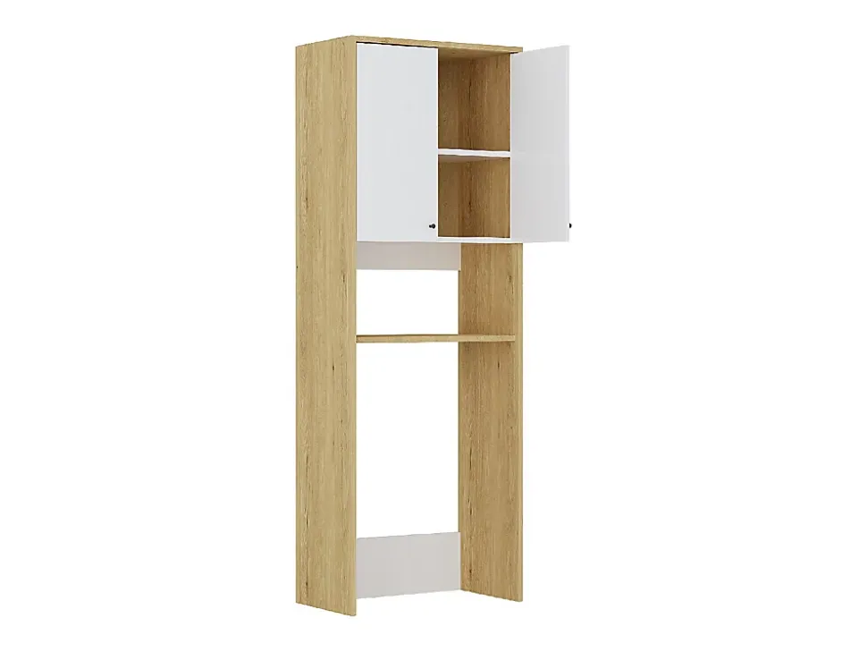 Meuble pour machine à laver avec double portes - L65 x H180 cm - Blanc et naturel clair - WORIKA