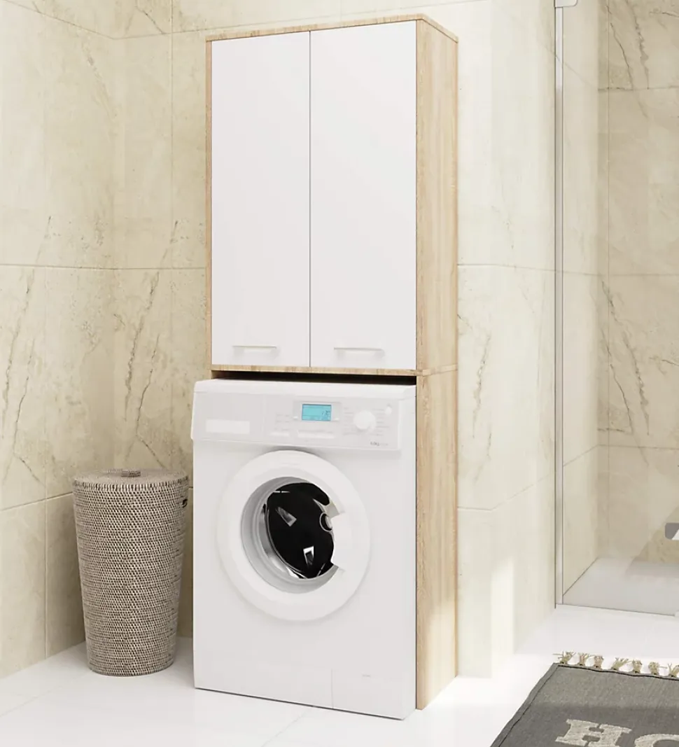 Meuble pour machine à laver AKORD FIN Chêne Sonoma 64 cm 2 portes façade Blanche 4 étagères 64x30x180 cm