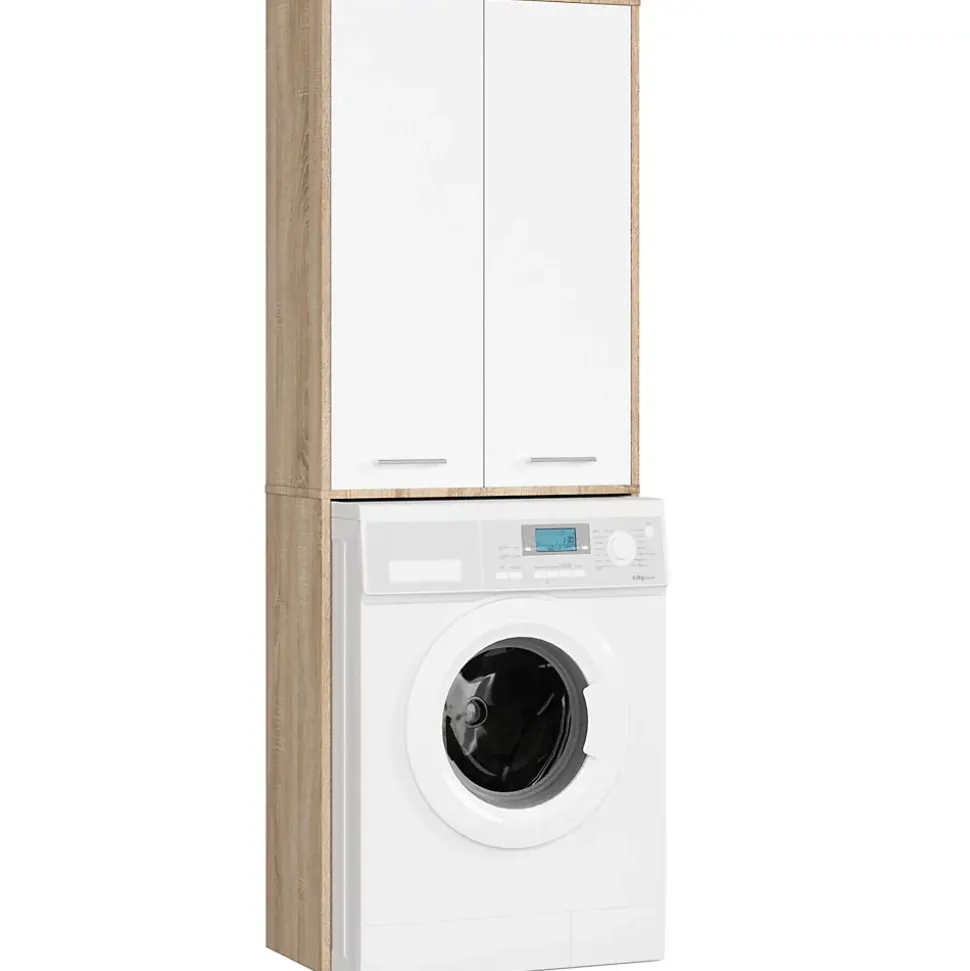 Meuble pour machine à laver AKORD FIN Chêne Sonoma 64 cm 2 portes façade Blanche 4 étagères 64x30x180 cm
