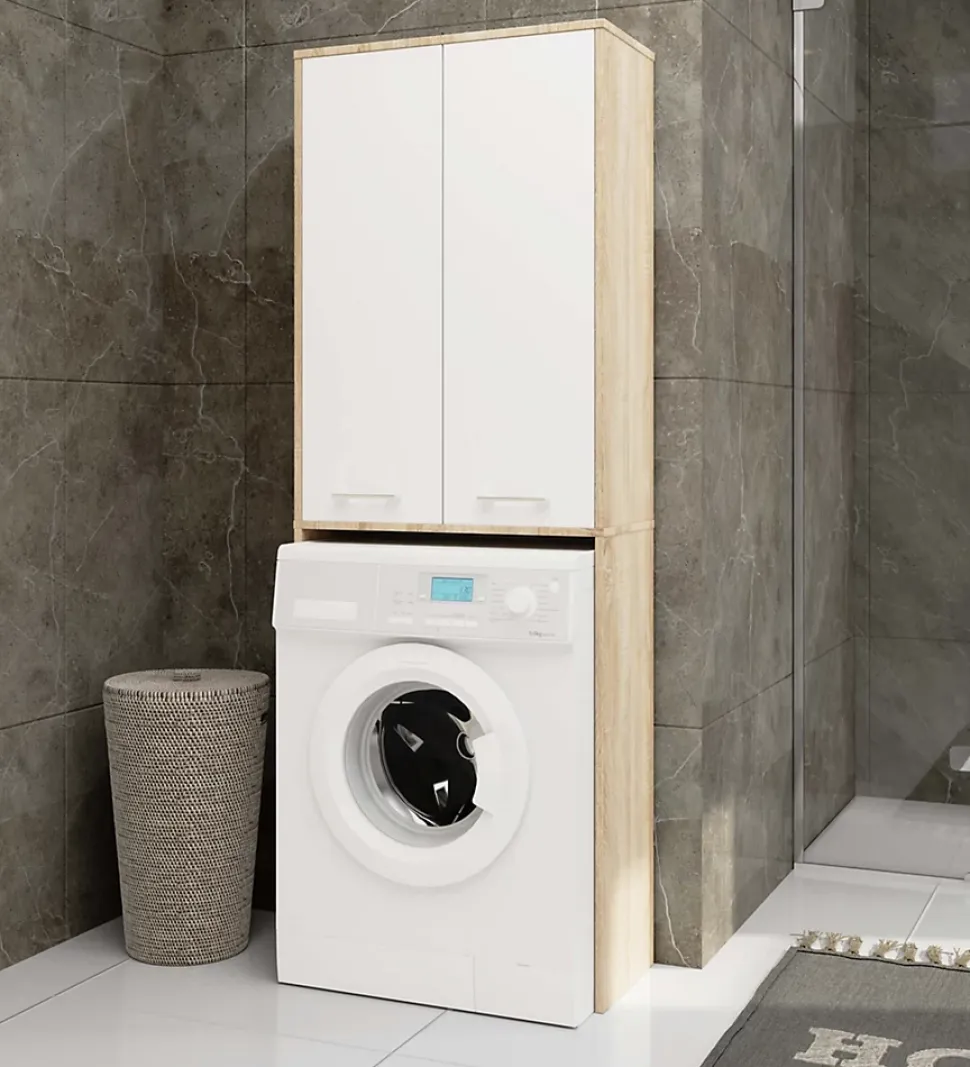 Meuble pour machine à laver AKORD FIN Chêne Sonoma 64 cm 2 portes façade Blanche 4 étagères 64x30x180 cm