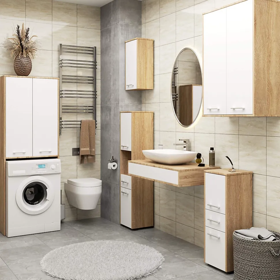 Meuble pour machine à laver AKORD FIN Chêne Sonoma 64 cm 2 portes façade Blanche 4 étagères 64x30x180 cm